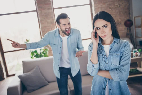 Portrait of annoyed disappointed woman have scandal with husband scream yell she touch hands head news comfort cozy couch sofa in house indoors — Stock Photo, Image