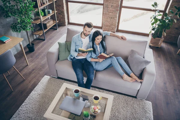 Arriba arriba de ángulo alto ver foto de cuerpo completo de los cónyuges enfocados hombre mujer leer libro de papel enciclopedia sit divan in house indoors — Foto de Stock