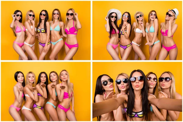 Koppla av turism bikini försäljning butik ungdom koncept. Foto montage collage av vackra vackra heta passform smal perfekt olika fina positiva bekymmerslösa damer isolerade över levande färg bakgrund — Stockfoto