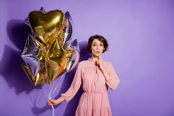 Portrait of astonished girl hold many air balloons impressed by prom party celebration wear good look clothes isolated over vivid color background — Stock Photo, Image