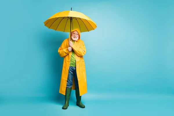 Volledige lichaamsomvang bekijken van zijn hij ontevreden gekke geïrriteerde grijs-harige man visser dragen gele topcoat slecht weer dag geïsoleerd over helder levendige glans levendige blauwe kleur achtergrond — Stockfoto