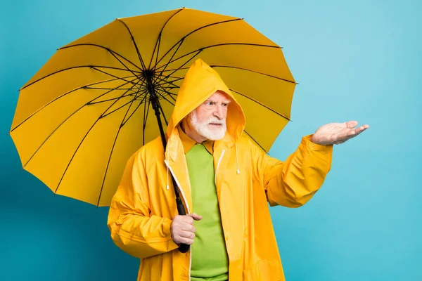 Портрет його незадоволеного роздратованого сіро-волосистого чоловіка в жовтому пальто, що тримає дощове падіння на долоні ізольовано над яскравим яскравим сяйвом яскравого синього кольору фону — стокове фото