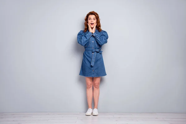 Full body photo of attractive crazy curly lady hold arms cheeks voir vente discount publicité porter casual bleu denim robe courte blanc chaussures isolé gris couleur fond — Photo