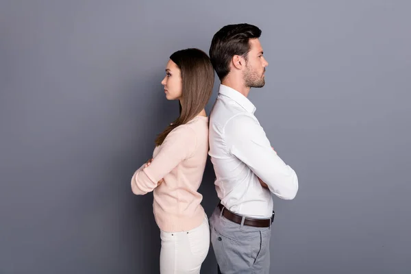 Profile side view portrait of his he her she nice attractive content lovely successful corporate couple partnership folded arms isolated over gray violet purple pastel color background — Stock Photo, Image