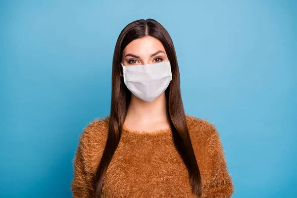 Close-up portrait of her she nice pretty attractive girl wearing safety cotton mask respiratory pathogen season influenza prevention isolated over bright vivid blue color background — Stock Photo, Image