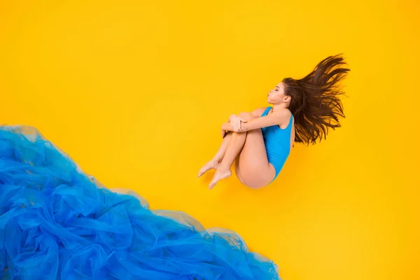 Top view above high angle flat lay flatlay lie concept her she attractive slim fit girl swimming diving pool water river bank isolated on bright vivid shine vibrant yellow color background — Stock Photo, Image