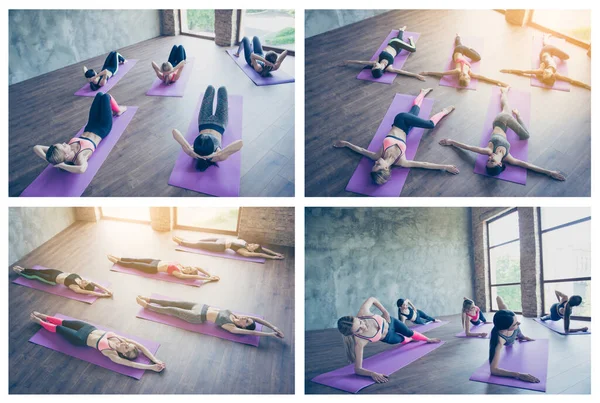 Aerobic flexibility harmonie motivační koncept. Fotografování více obrázek koláž pěti svalnatých sportovních přítelkyň modely dělá cvičení doma na rohožích — Stock fotografie