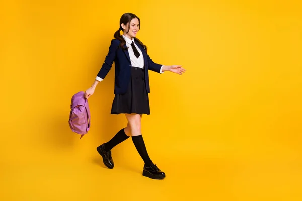 Full length body size view of her she nice attractive pretty cheerful cheery schoolgirl nerd going back to school carrying violet bag isolated bright vivid shine vibrant yellow color background — Stock Photo, Image