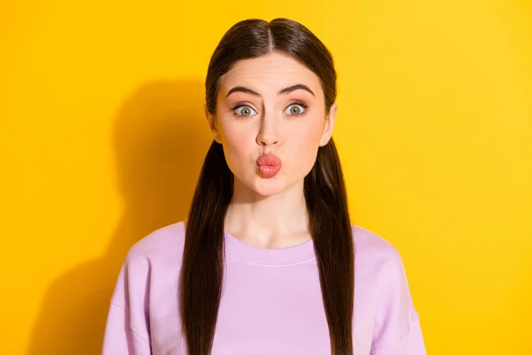 Close-up portrait of her she nice-looking attractive lovely pretty cute girlish funny brunet girl sending air kiss isolated over bright vivid shine vibrant yellow color background — Stock Photo, Image