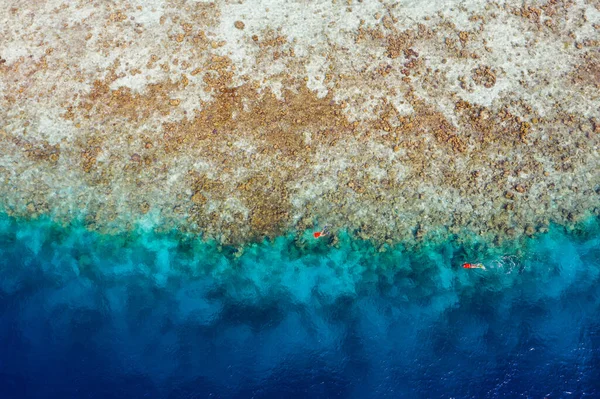 Yüksek açılı hava aracının üstünde saf mavi okyanus suyu dağ kayalarını yıkıyor. İki insan mercan kayalıklarını keşfediyor. Lüks mercan resiflerini keşfediyor. — Stok fotoğraf