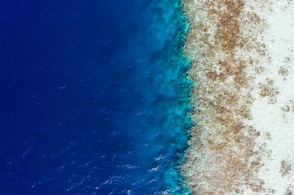 Cropped top acima de alto ângulo aéreo drone vista de água azul puro lavagem litoral pedras areia recife de coral luxuoso destino tour costa praia plage Filipinas bali — Fotografia de Stock