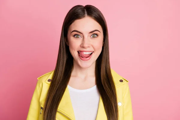 Closeup photo of funky crazy lady long perfect hairdo licking lips white teeth desire tasty dinner hunger eyes wear trend yellow leather jacket isolated pastel pink color background — Stock Photo, Image