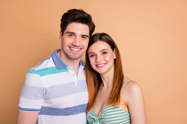 Close-up portrait of his he her she nice attractive lovely charming affectionate careful cute sweet cheerful cheery couple life partners perfect match isolated over beige pastel color background — Stock Photo, Image