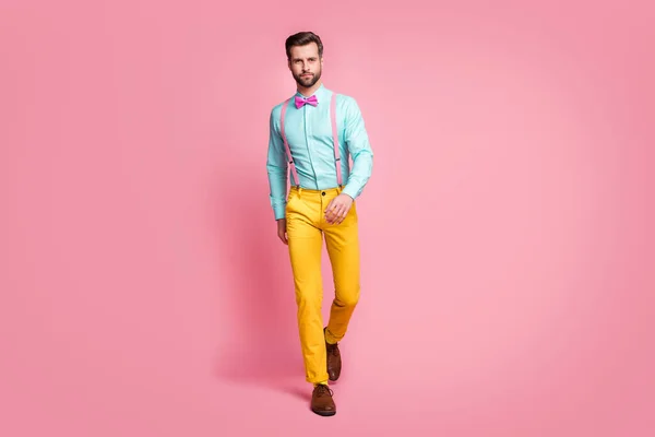 英俊潇洒的男子趋势服装步行办公室公司会严肃的衬衫吊带衫领结黄裤鞋孤立的粉红底色 — 图库照片