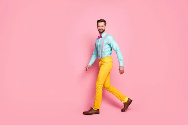 Full length body size profile side view of his he nice attractive elegant brand andy funky cheery brunet guy walking corporate event isolated over pink pastel color background — стоковое фото