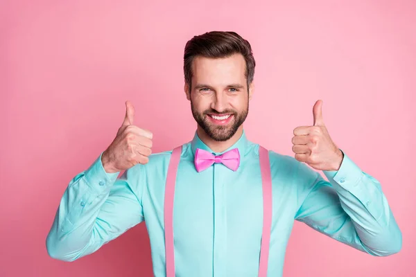 Close-up portrait of his he nice attractive cheerful cheery content brunet guy artist mr mister showing two double thumbup isolated over pink pastel color background — Stock Photo, Image