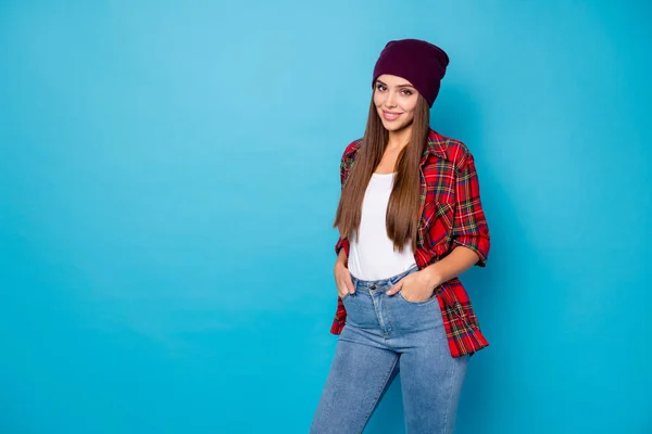 Photo of cool stylish good mood pretty lady glad warm spring weather street clothes wear casual hat plaid shirt jeans isolated blue color background — Stock Photo, Image