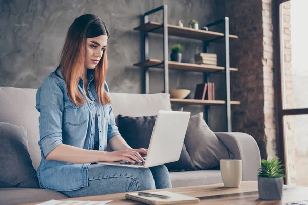 Ориентированная маркетолог исполнительная девушка сидеть диван рабочий ноутбук типа электронной почты своему боссу о запуске стратегии covid-19 карантин носить джинсы джинсы рубашку в доме — стоковое фото
