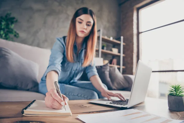 Concentrato manager amministratore delegato lavoratore ragazza lavoro laptop scrivere copybook piano di avvio presentazione sit divano tavolo in casa al chiuso — Foto Stock