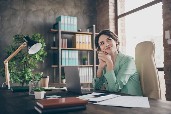 Profile photo of pretty business lady notebook table insurance agent home remote online work look up minded lazy worker formalwear blazer sit chair modern interior office indoors
