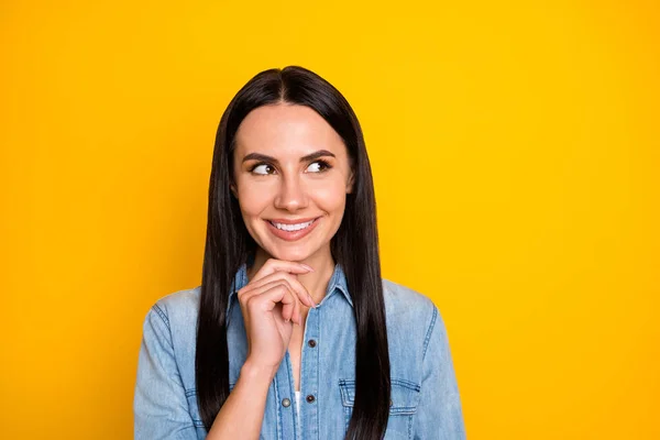 Close-up portrait of her she nice-looking attractive lovely pretty cute curious cheerful long-haired girl guessing clue touching chin isolated on bright vivid shine vibrant yellow color background — Stock Photo, Image