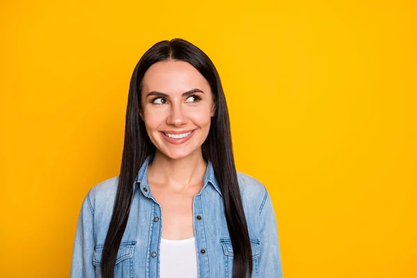 Close-up portrait of her she nice attractive lovely pretty cute smart cheerful cheery long-haired girl creating guessing new idea isolated on bright vivid shine vibrant yellow color background