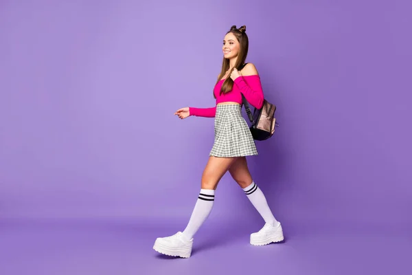 Full length body size view of her she nice attractive lovely pretty charming content cheerful cheery girl going to college isolated on bright vivid shine vibrant lilac violet purple color background — Stock Photo, Image