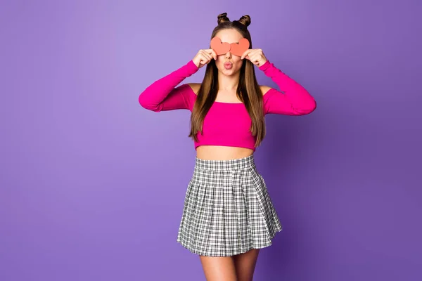 Photo of adorable lady hold two paper little hearts postcards send air kisses wear pink off-shoulders cropped top short plaid skirt isolated pastel purple color background — Stock Photo, Image