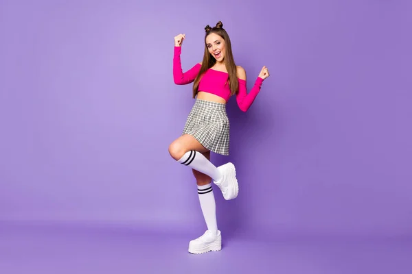 Full length body size view of her she nice attractive lovely gorgeous cheerful cheery girl dancing having fun rejoicing isolated on bright vivid shine vibrant lilac violet purple color background — Stock Photo, Image