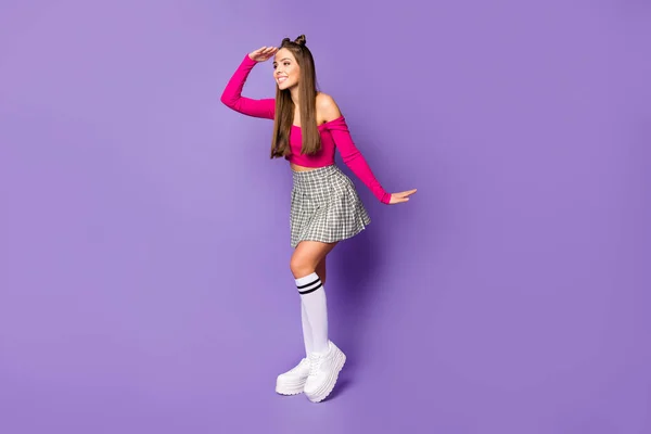 Full body profile photo of pretty millennial lady look far away vision wear pink off-shoulders cropped top plaid skirt long knee socks shoes isolated pastel purple color background — Stock Photo, Image