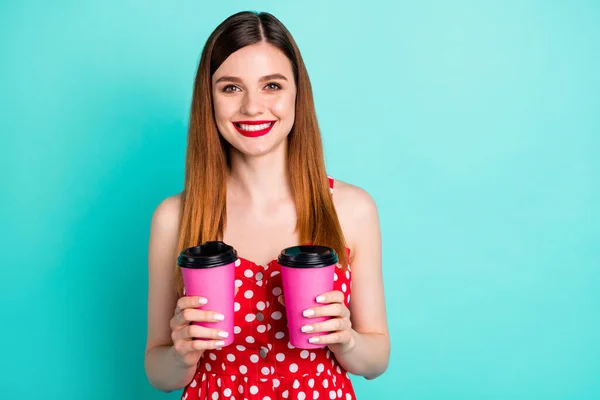 Portrait of dreamy pretty girl hold takeaway cappuccino cup enjoy walk weekend wear skirt isolated over turquoise color background — Stock Photo, Image