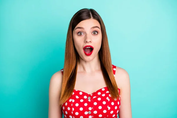 Close up photo of stunning attractive pretty lady bright pomade good mouth listen amazing news wear red dotted retro dress singlet isolated vivid teal color background — Zdjęcie stockowe