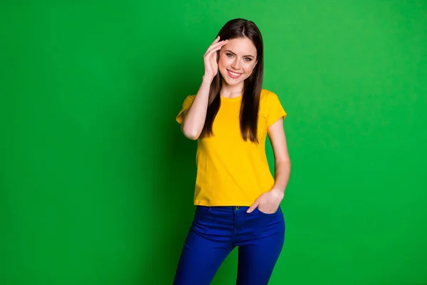 Portrait of charming nice youth girl feel shy modest meet new male friend touch long haircut wear good look outfit isolated over vivid color background