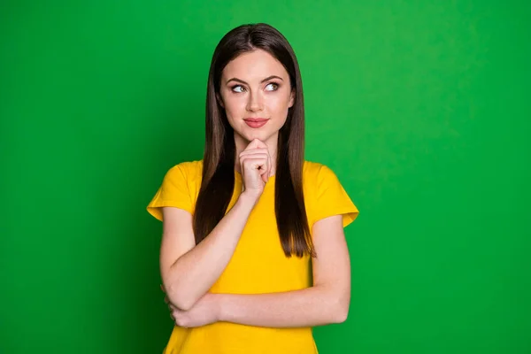 Portrait of smart minded girl touch finger chin look copyspace ask question think thoughts wear casual style clothes isolated over bright color background — Stock Photo, Image