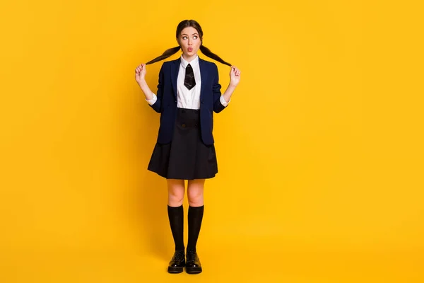 Full length photo of cute funny fun high school teenager look copyspace courses university lectures touch tails wear good look uniform shoes isolated over bright shine color background — Stock Photo, Image