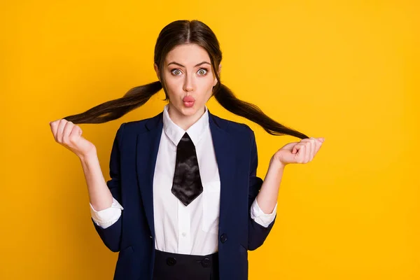 Portrait of charming cute pretty high school teenager touch her tails have lesson break send air kiss wear blazer isolated over bright shine color background — Stock Photo, Image