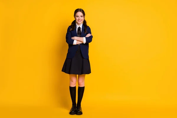 Full length photo of positive student teenager cross hands ready pas exam lecture test wear good look uniform isolated over bright shine color background — Stock Photo, Image