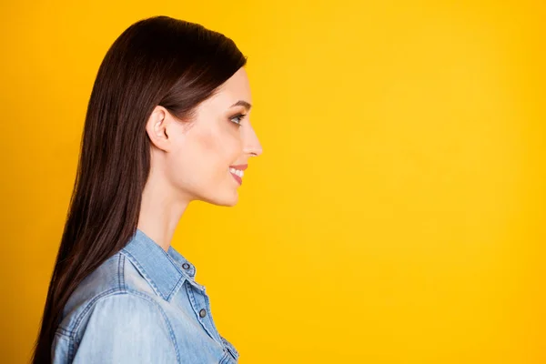 Foto del lado del perfil de la chica de contenido sincero aspecto copyspace disfrutar del descanso relajarse usar jeans camisa aislada sobre fondo de color vivo —  Fotos de Stock