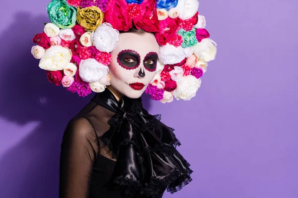 Photo of beauty dark dead katrina calaverita facial print skull folklore creature relatives saints honor holiday floral headwear black traditional lace costume isolated purple color background — Stock Photo, Image