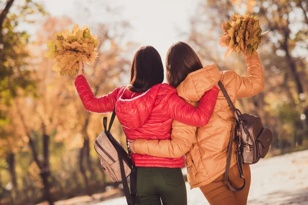 Arka omurga manzaralı iki kızın kucaklaşması şehir merkezinin tadını çıkarın sonbahar parkında yürüyüş yapın altın yaprakları toplayın sırt çantası takın ve dış giysi giyin — Stok fotoğraf