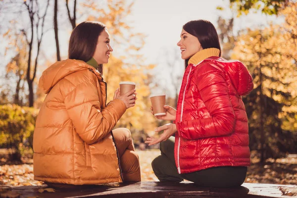 Profile side photo of two people girls fellows finally weekend met park hold drink barista caffeine beverage takeout mug tell say news sit bench in fall sunset town park