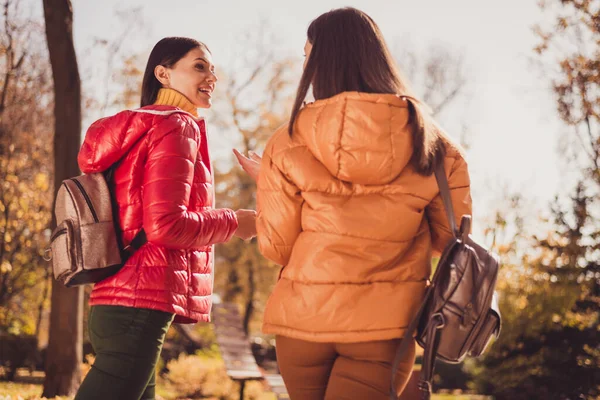 Bakre ryggraden visa foto av två flickor studenter grabbar resa centrum park ha kul berätta säga lyssna nyheter bära säsong ytterkläder ryggsäck utomhus — Stockfoto