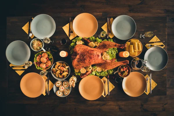 Top sopra foto angolo alto di grandi arrosto al forno farcito bevande tacchino guarnire pasti decorazione vegetale piatti vuoti cena praparartion due candele accese in soggiorno senza persone al chiuso — Foto Stock