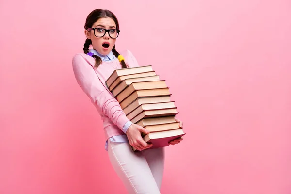 Profilfoto von schockierten Studentin Dame halten schwere Bücher stapeln Vorbereitung Prüfung College Universität große Hausaufgaben Bibliothek müde tragen Hemd Pullover Spezifikationen isoliert rosa Farbe Hintergrund — Stockfoto