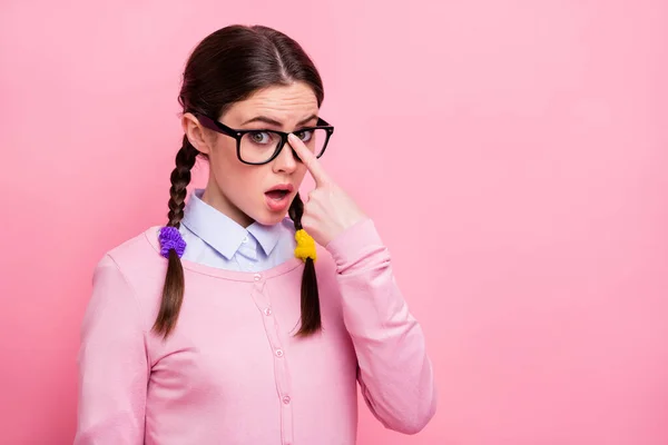 Close-up portrait of her she attractive lovely pretty cute funny modest brown-haired girl wearing touching specs education study learn isolated over pink pastel color background — Stock Photo, Image