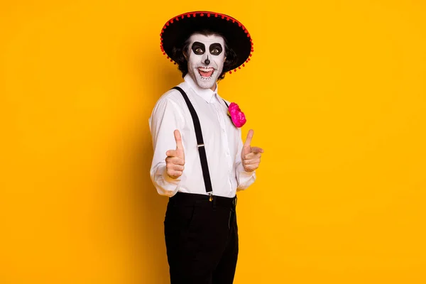 Portrait of his he nice handsome spooky cheerful cheery glad proud guy gentleman mc artist wearing festal look pointing at you isolated bright vivid shine vibrant yellow color background — Stock Photo, Image