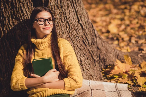 Фото спокойной девушки осенний парк лесной сентябрь выходные сидеть под елкой газона кленовые листья читать книгу сон заката носить желтый вязаный свитер свитер свитер свитер свитер пуловер — стоковое фото