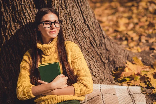 Фото мечтательной спокойной мирной девушки сидеть под осенним парком лесной газон дерево клетчатое одеяло насладиться чтением книги носить желтый свитер — стоковое фото