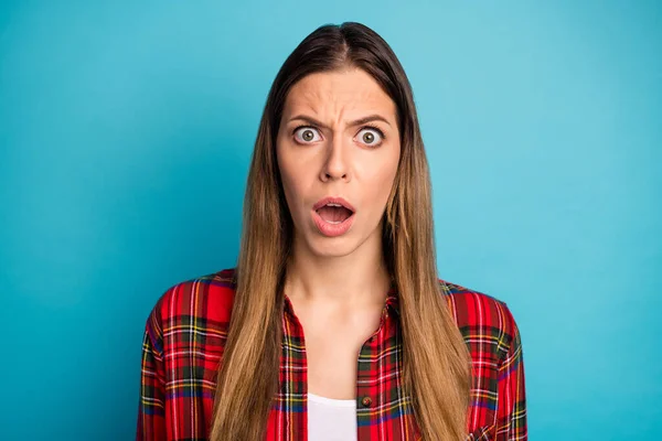 Close-up portrait of her she nice attractive pretty lovely annoyed girl wearing checked shirt bad news reaction isolated on bright vivid shine vibrant blue color background — Stock Photo, Image