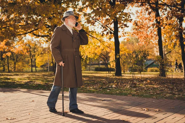 stock image Full body profile photo of retired grey hair grandpa man walk desert park stick speak telephone sunny day doctor examination results discussion wear long coat headwear autumn colors outdoors